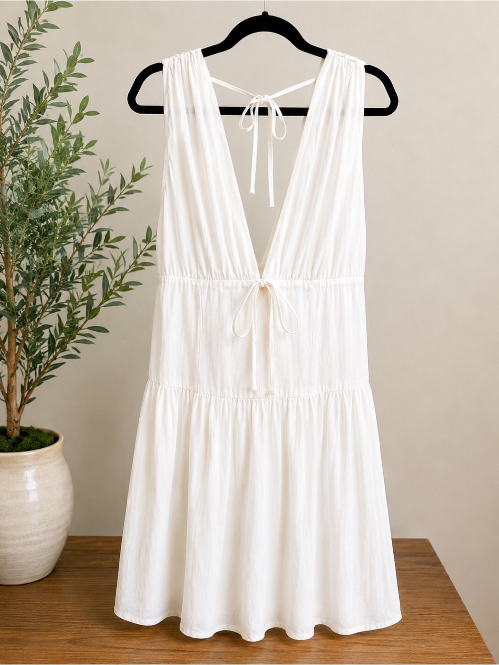 One Clothing Los Angeles Ivory Tie Front Plunge Dress XL Coastal Cottagecore